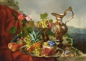 A Still Life With Fruit, Roses And A Pitcher Set On A Marble Ledge