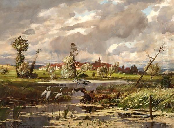 Herons At The Waterside, A Town Beyond - view 1