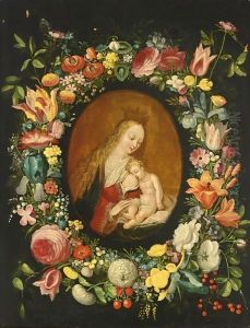 The Virgin And Child Surrounded By A Flower Garland With Roses, Tulips, Snowballs, Wallflowers, Irisses, An Opium Poppy