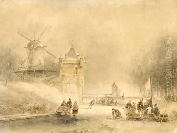A Winterlandscape With Skaters And Other Figures Near A Koek And Zopie - view 1