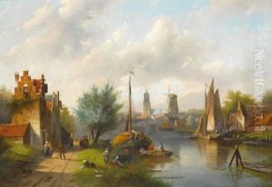 Figures On The Waterfront, A Windmill In The Distance