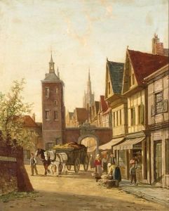 Villagers In A Sunlit Dutch Town by William Raymond Dommersen