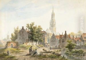 A Dutch Town View With Figures Conversing by Bartholomeus Johannes Van Hove