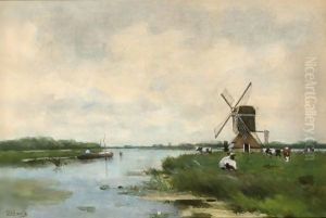 A River Landscape With A Windmill And Cattle