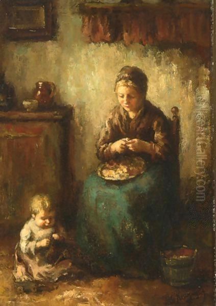 A Cottage Interior With A Mother Peeling Potatoes, Her Child Playing On The Floor - view 1