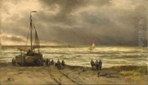 Fisherfolk By A Beached Bomschuit by George Laurens Kiers