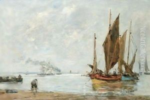 Bateaux A L'Ancre Le Long Du Rivage by Eugene Boudin