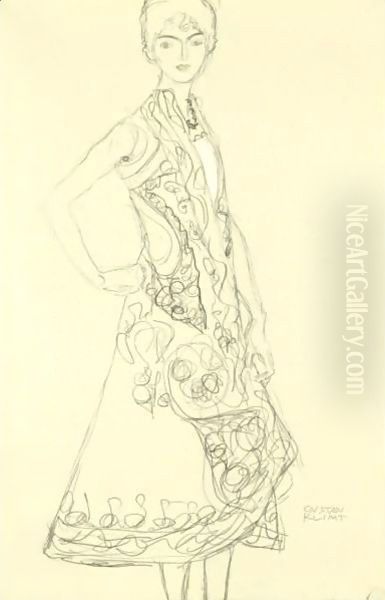 Woman In Richly Patterned Dress, Right Hand Resting On Hip - view 1