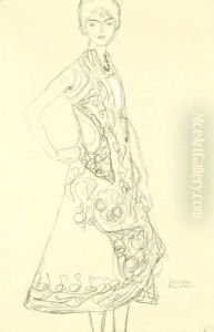Woman In Richly Patterned Dress, Right Hand Resting On Hip