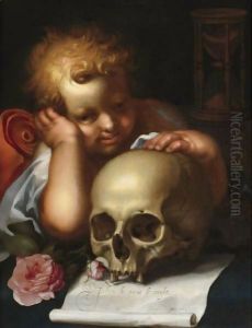 Vanitas With A Putto Resting His Hand On A Skull by Abraham Bloemaert