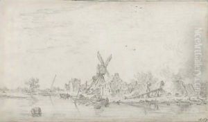 The Mill 'De Kat' And The Lime Kiln At The Zuider Buiten Spaarne, Near Haarlem, With Men Unloading Boats