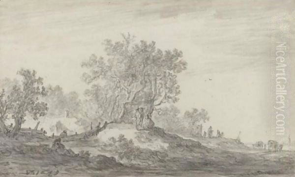 Travellers Resting On A Rise Along A Road, With A Cottage In Woods To The Left And Covered Waggons In The Distance - view 1