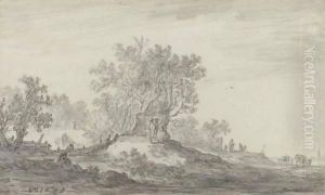 Travellers Resting On A Rise Along A Road, With A Cottage In Woods To The Left And Covered Waggons In The Distance Travellers Resting On A Rise Along A Road, With A Cottage In Woods To The Left And Covered Waggons In The Distance