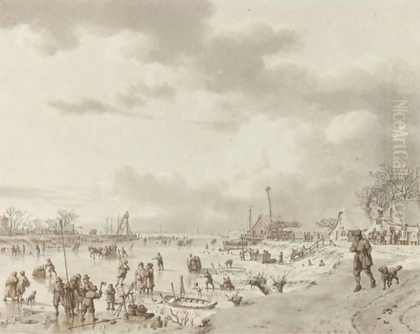 An Extensive Winter Landscape, With Figures On A Frozen River Leading To Open Water In The Distance - view 1