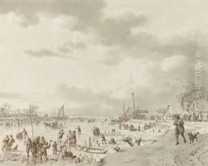 An Extensive Winter Landscape, With Figures On A Frozen River Leading To Open Water In The Distance by Jacob Cats