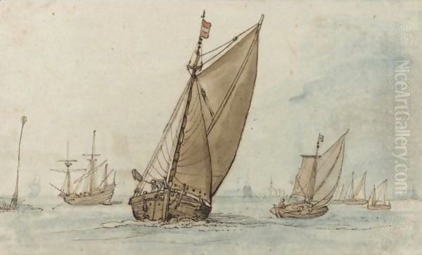 Small Vessels On A Calm Sea, With A Jetty To The Left And A Town On The Horizon - view 1