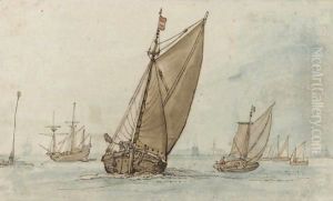 Small Vessels On A Calm Sea, With A Jetty To The Left And A Town On The Horizon by Hendrick Avercamp