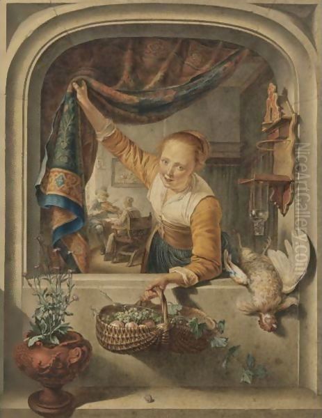 A Young Woman Holding A Basket Of Fruit At A Window, With A Music Lesson In The Interior Beyond - view 1