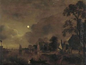 A Moonlit Landscape With Two Men On A Raft In The Foreground by Aert van der Neer