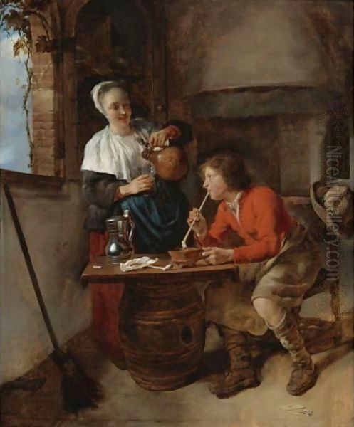 Young Woman Pouring Beer And A Young Man Smoking In An Interior - view 1