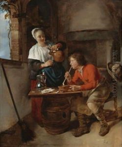 Young Woman Pouring Beer And A Young Man Smoking In An Interior by Gabriel Metsu