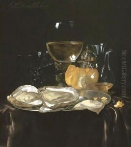 Still Life With A Roemer, A Carafe Of Vinegar, A Glass Tazza, A Bread Roll And Oysters On A Silver Plate On A Draped Table Top by Willem Van Aelst