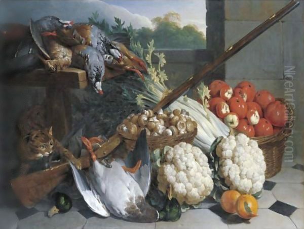 A Still Life Of Game With A Musket, Baskets Of Apples And Mushrooms, A Bunch Of Celery, Two Cauliflowers And A Cat - view 1