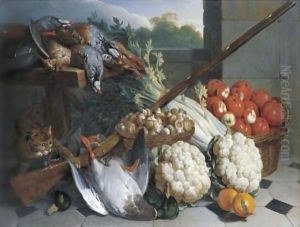A Still Life Of Game With A Musket, Baskets Of Apples And Mushrooms, A Bunch Of Celery, Two Cauliflowers And A Cat