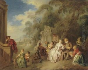 Fete Galante With Figures In A Park Amour Et Badinage by Jean-Baptiste Joseph Pater