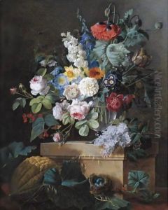 An Elaborate Still Life Of Flowers In A Glass Vase Resting On An Alabaster Pedestal With A Bird Nest And A Melon Below