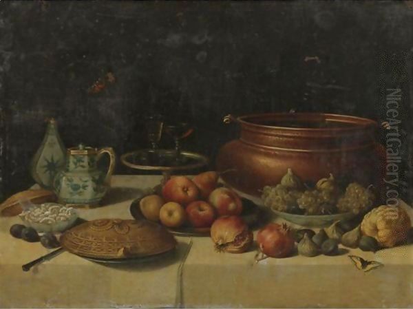 Still Life Of Fruit, A Pie, A Large Copper Pot, A Blue And White Porcelain Pitcher And Vase And Other Objects, All On A Table - view 1