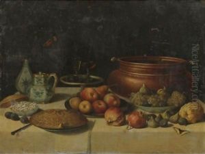 Still Life Of Fruit, A Pie, A Large Copper Pot, A Blue And White Porcelain Pitcher And Vase And Other Objects, All On A Table
