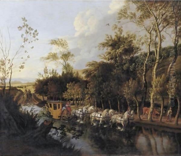 A Coach Pulled By Six Horses Crossing A Flooded Road - view 1