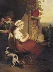A Young Lady Seated Outside A Cottage Mending A Net, With A Young Boy Behind Eating From A Bowl, The Industrious Cottager by Francis Wheatley