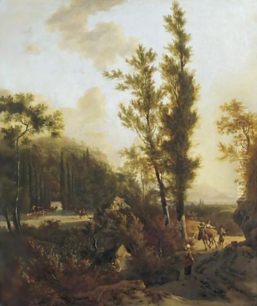 An Italianate Landscape With Peasants On A Road In The Foreground, Mounted Figures Entering The Forecourt To A Villa On The Left - view 1