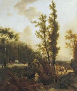 An Italianate Landscape With Peasants On A Road In The Foreground, Mounted Figures Entering The Forecourt To A Villa On The Left by Frederick De Moucheron