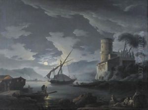 A Mediterranean Harbor By Moonlight by Carlo Bonavia