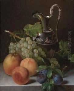 Still Life Of Peaches, Plums, A Bunch Of Grapes And An Empire Silver Water Pitcher All Resting On A Ledge Still Life Of Peaches, Plums, A Bunch Of Grapes And An Empire Silver Water Pitcher All Resting On A Ledge