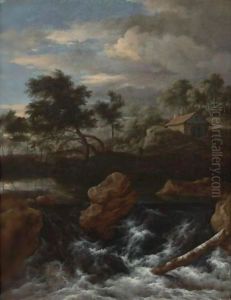A Rocky River Landscape With A Waterfall by Jacob Van Ruisdael
