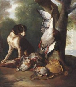 Still Life Of Game Birds And A Dog In A Landscape by Alexandre-Francois Desportes