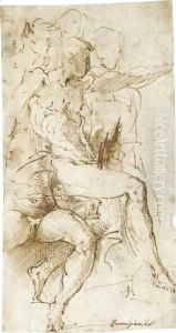 Seated Male Nude In Profile To The Right And A Seated Female Nude Seen From The Front, Four Other Figures Beyond by Girolamo Francesco Maria Mazzola (Parmigianino)