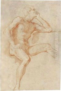 Study Of A Male Nude, Seated, Resting His Chin On His Left Hand by Baldassarre Franceschini