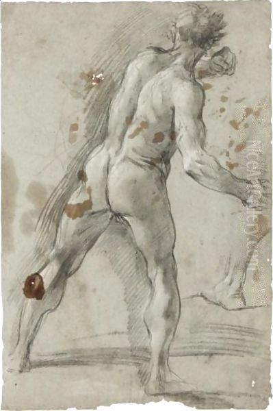 A Standing Male Figure, Seen From Behind, Clutching A Stone In His Right Hand - view 1