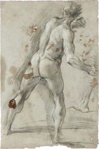 A Standing Male Figure, Seen From Behind, Clutching A Stone In His Right Hand