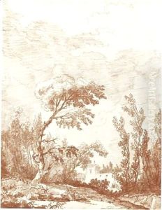 A Wooded Italian Landscape With Seated Figures In The Foreground And A Villa Beyond by Hubert Robert