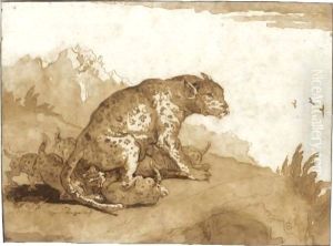 A Leopardess With Her Cubs In A Landscape A Leopardess With Her Cubs In A Landscape