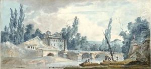 A Landscape With A Castle By A Bridge And Figures And Fishermen By A River by Louis-Gabriel Moreau the Elder