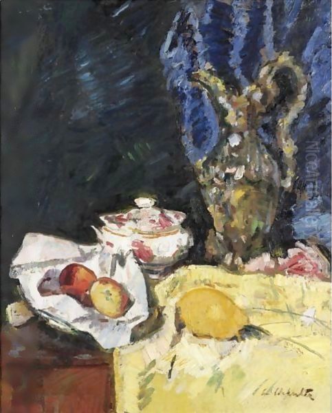 Still Life With Fruit, A Ewer And An Ecuelle On A Yellow Drape - view 1