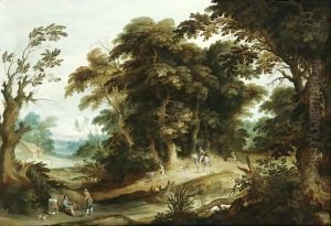 A Wooded Landscape With A Poultry-Seller, Travellers And Dogs On A Path Beyond