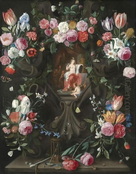 A Garland Of Flowers, Including Irises, Parrot Tulips And Roses, Surrounding A Stone Niche Inset With A Vanitas Scene - view 1